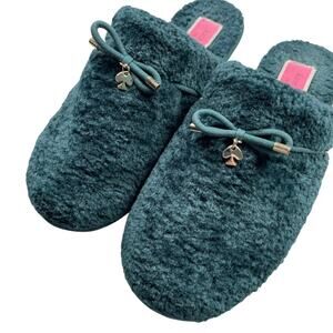 Kate Spade Slippers Womens 9 Teal Charm Lucy Fluffy Faux Fur Spa Day Loungewear